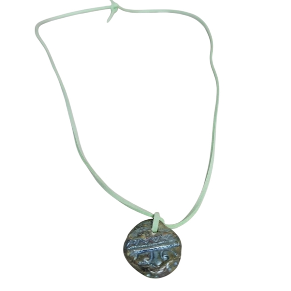 Artisan Air Dry Clay Etched Zig Zag Blue Green Pendant Necklace - Picture 7 of 7